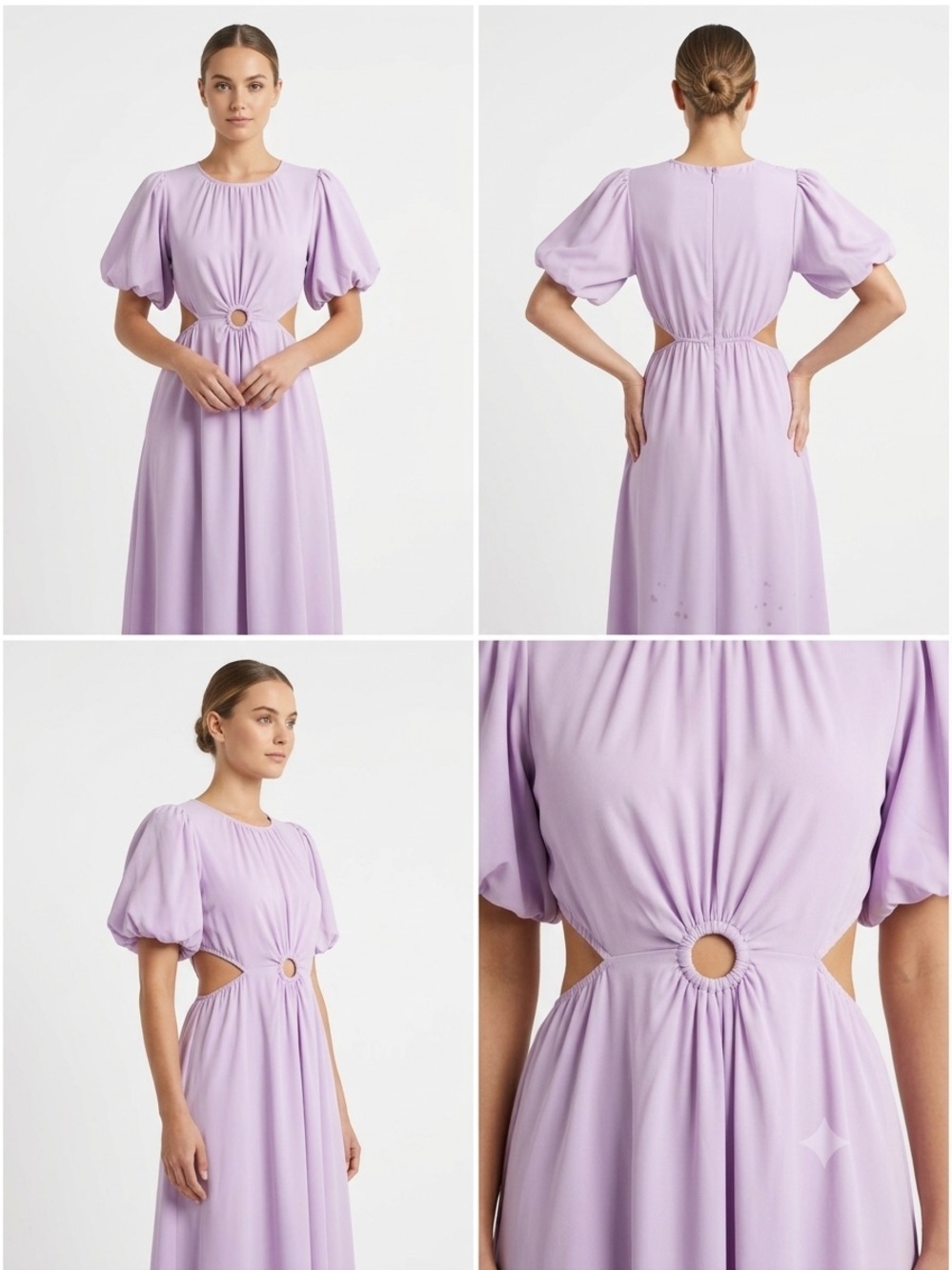 Entro Lilac Cutout Midi Dress Puff Sleeve O-Ring Waist Small Cottagecore